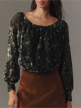 Anthropologie Black Sheer Floral Peasant‎ Blouse